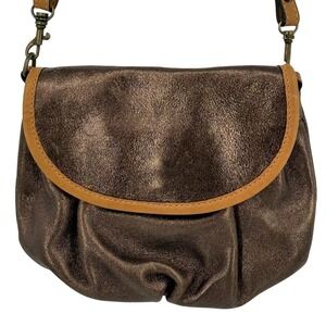 Tano Metallic Bronze Leather Crossbody Bag Small Tan Trim Flap Messenger Purse